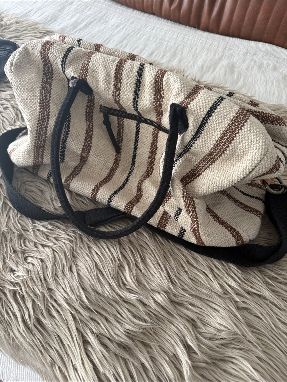 Universal Thread Cream Canvas Tote with Brown & Black Stripes